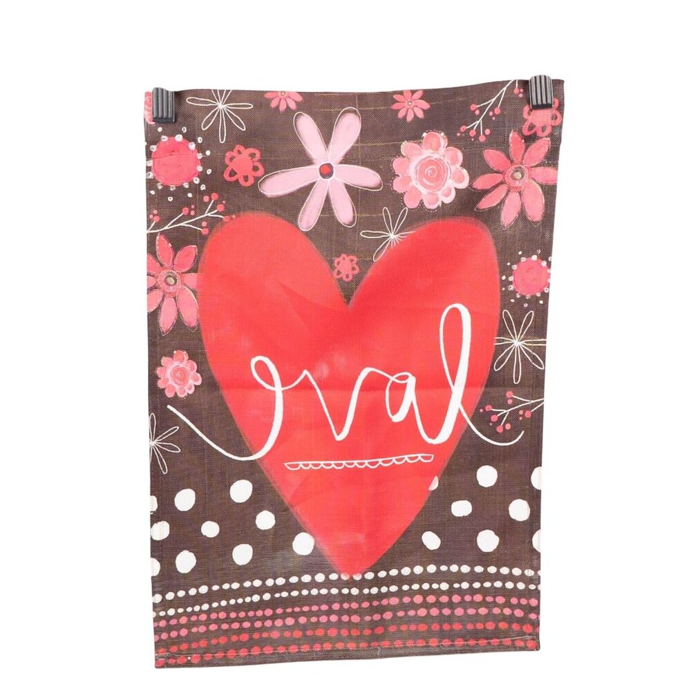 Love Garden Flag Valentines Day 13"x18" Heart Flowers Pink Brown Katie Doucette - Picture 5 of 5